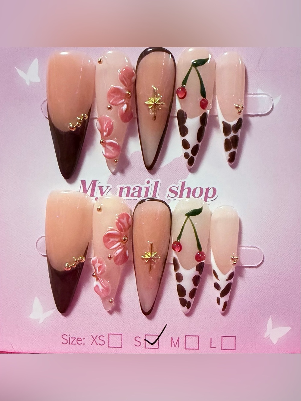 Pink & Brown Floral Cherry Stiletto Press-On Nails
